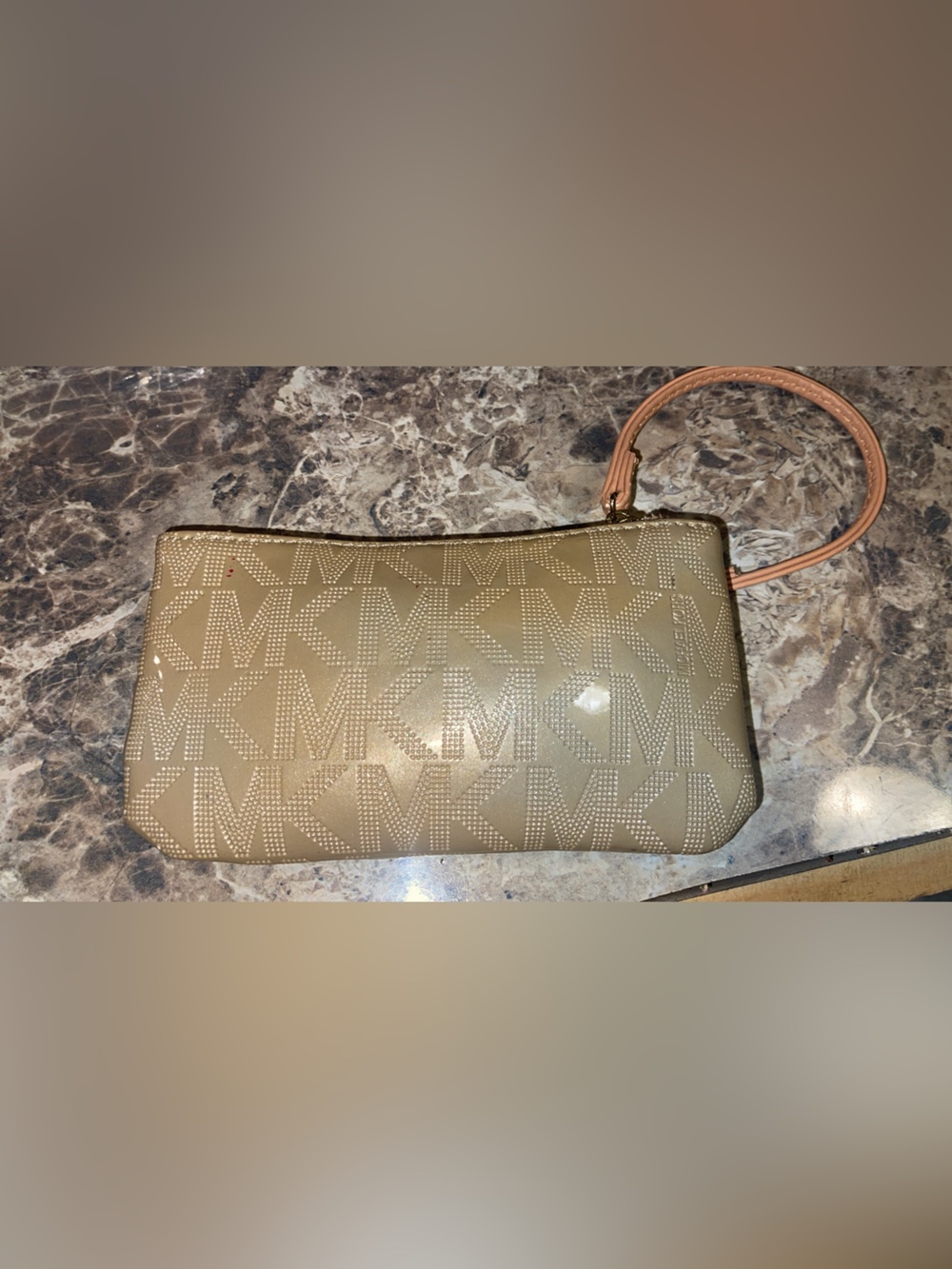 Michael Kors Taupe Logo-Print Wristlet with Gold Hardware
